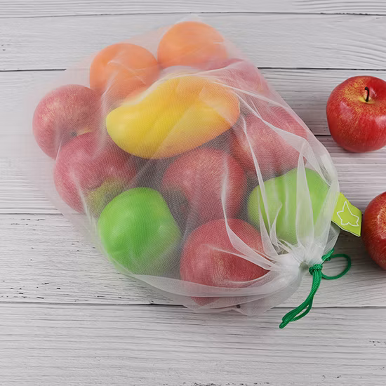 Kundenspezifische weiße Einkaufsverpackung für Obst und Gemüse, wiederverwendbare RPET-Netztasche mit Kordelzug